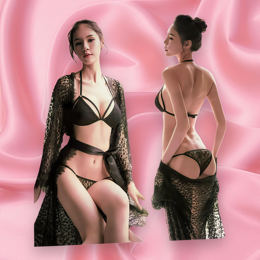 Black Lace 3-Piece Lingerie Set with Robe – Romanzza Secrets