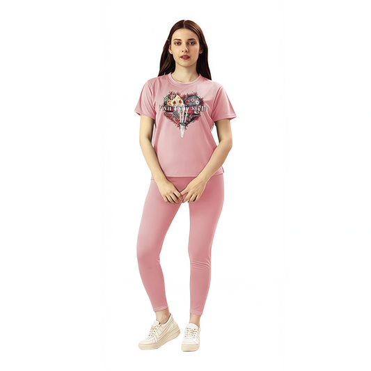 Pink Casual Printed T-Shirt & Leggings Set Romanzza Secrets