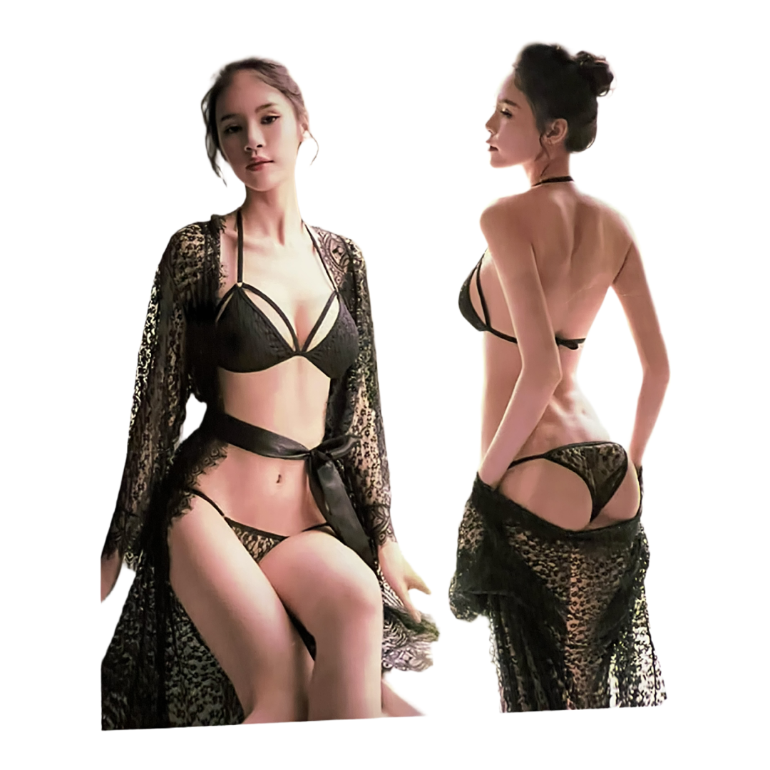 Black Lace 3-Piece Lingerie Set with Robe – Romanzza Secrets