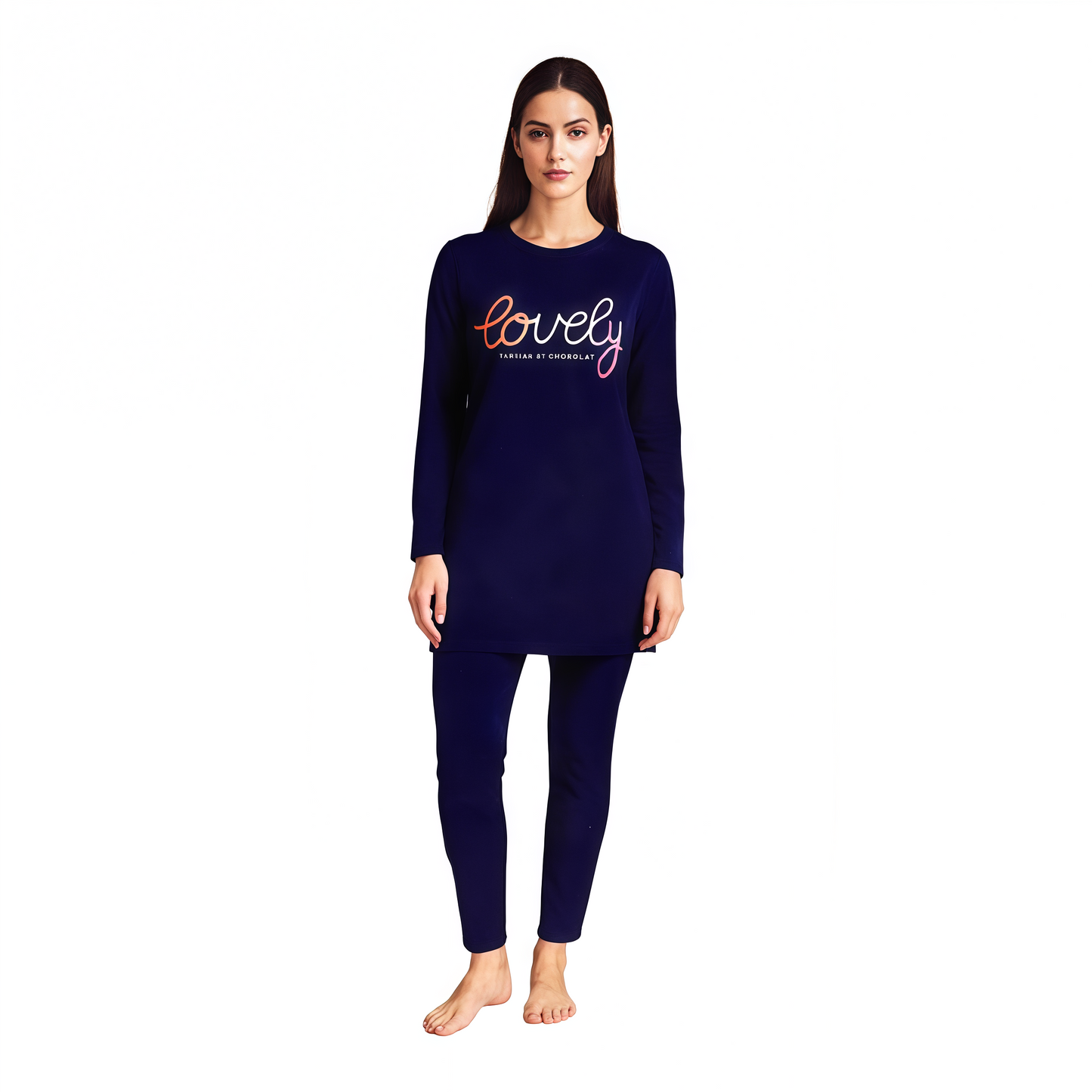 Women’s Navy Blue Long Sleeve Nightwear Set – “Lovely” Print