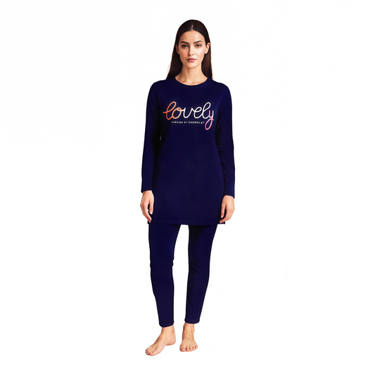 Women’s Navy Blue Long Sleeve Nightwear Set – “Lovely” Print