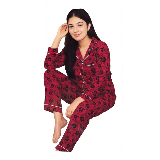 Women’s Floral Maroon Pajama Set – Soft & Stylish Nightwear